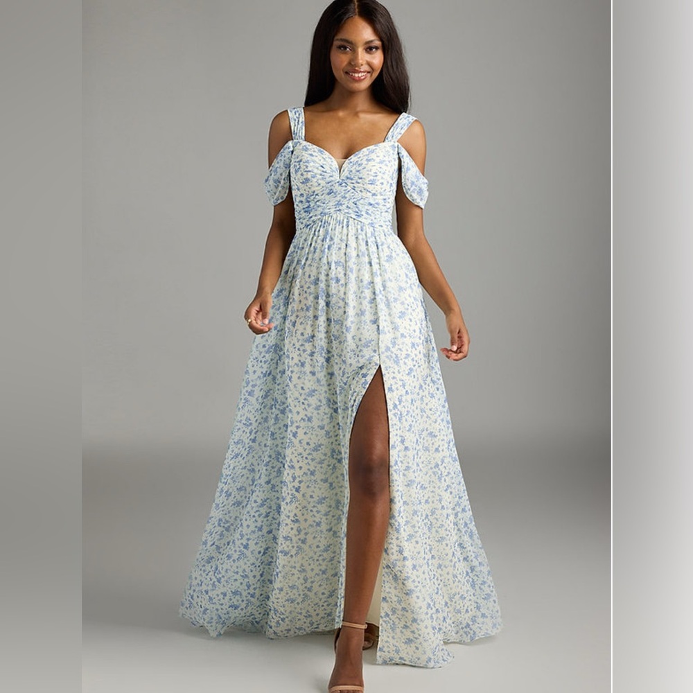 Azazie Floral Off-Shoulder Wedding Dress in Blue and White